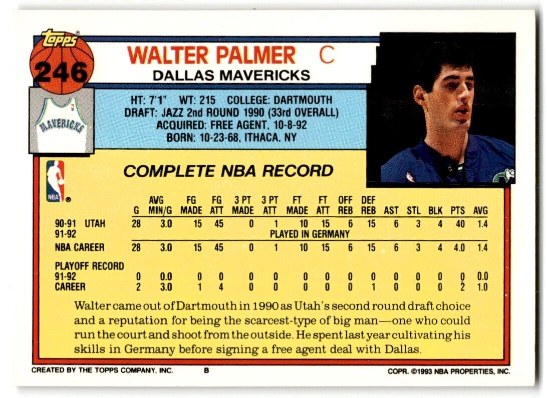 1992-93 Topps Walter Palmer Rookie Dallas Mavericks #246