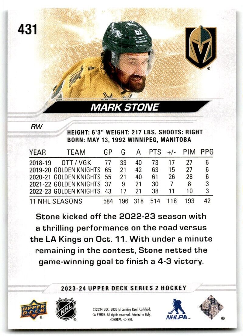 2023-24 Upper Deck Mark Stone Vegas Golden Knights #431