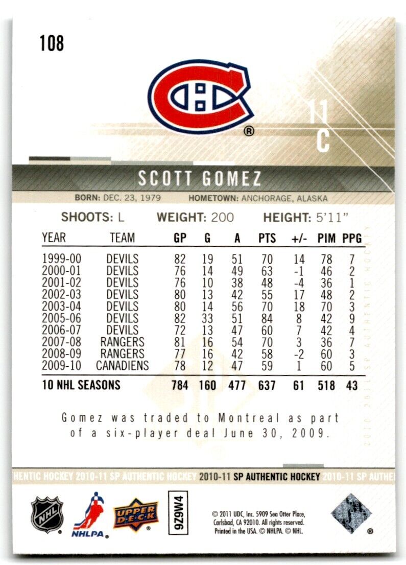 2010-11 SP Authentic Scott Gomez Montreal Canadiens #108