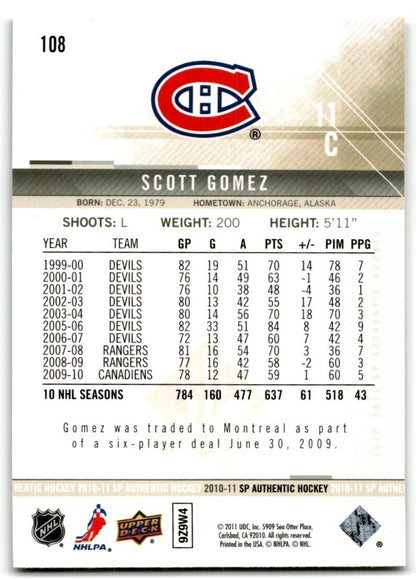 2010-11 SP Authentic Scott Gomez Montreal Canadiens #108