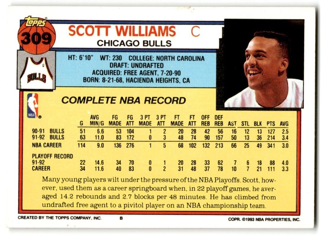 1992-93 Topps Scott Williams Chicago Bulls #309