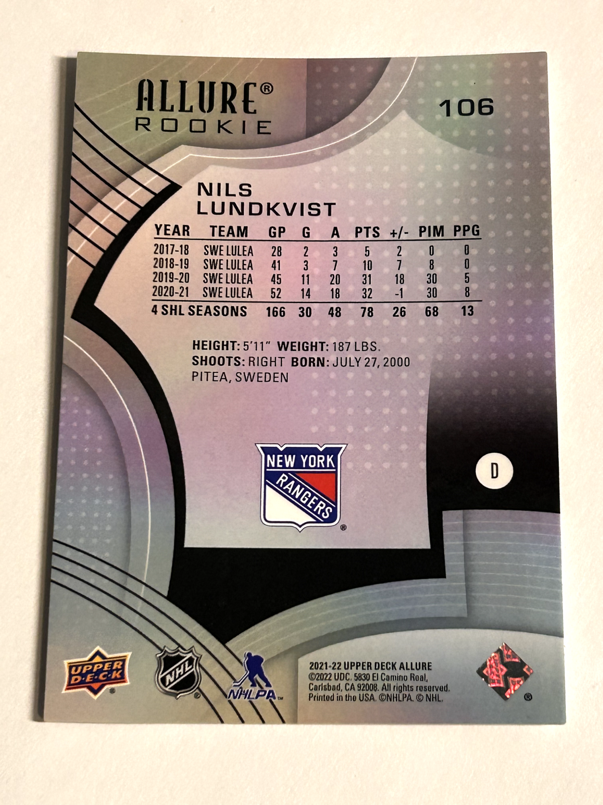 2021-22 Upper Deck Allure - Rookie #106 - Nils Lundkvist - New-York Rangers