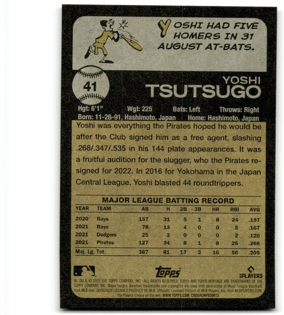 2022 Topps Heritage Yoshi Tsutsugo Pittsburgh Pirates #41