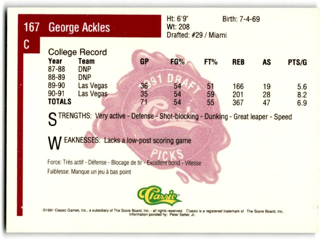 1991-92 Classic George Ackles Rookie UNLV Runnin' Rebels #167