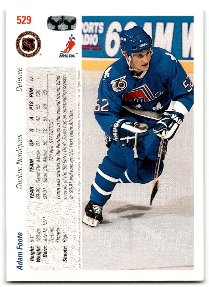 1991-92 Upper Deck Adam Foote Rookie Quebec Nordiques #529