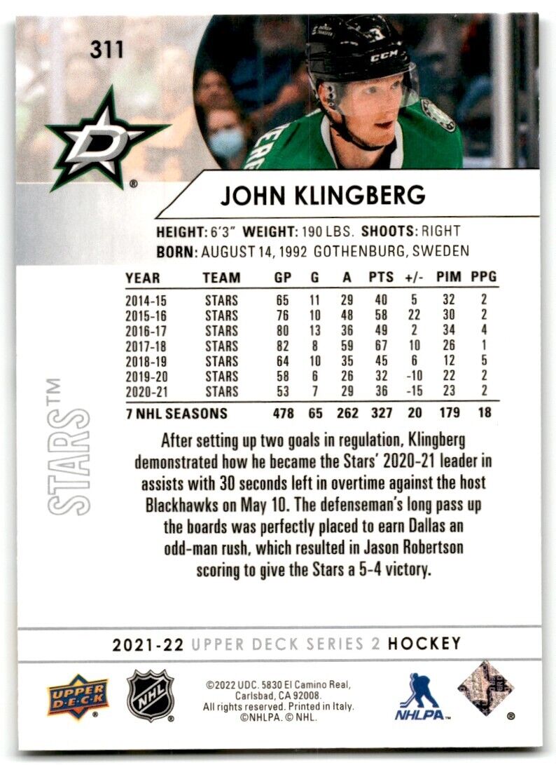 2021-22 Upper Deck John Klingberg Dallas Stars #311