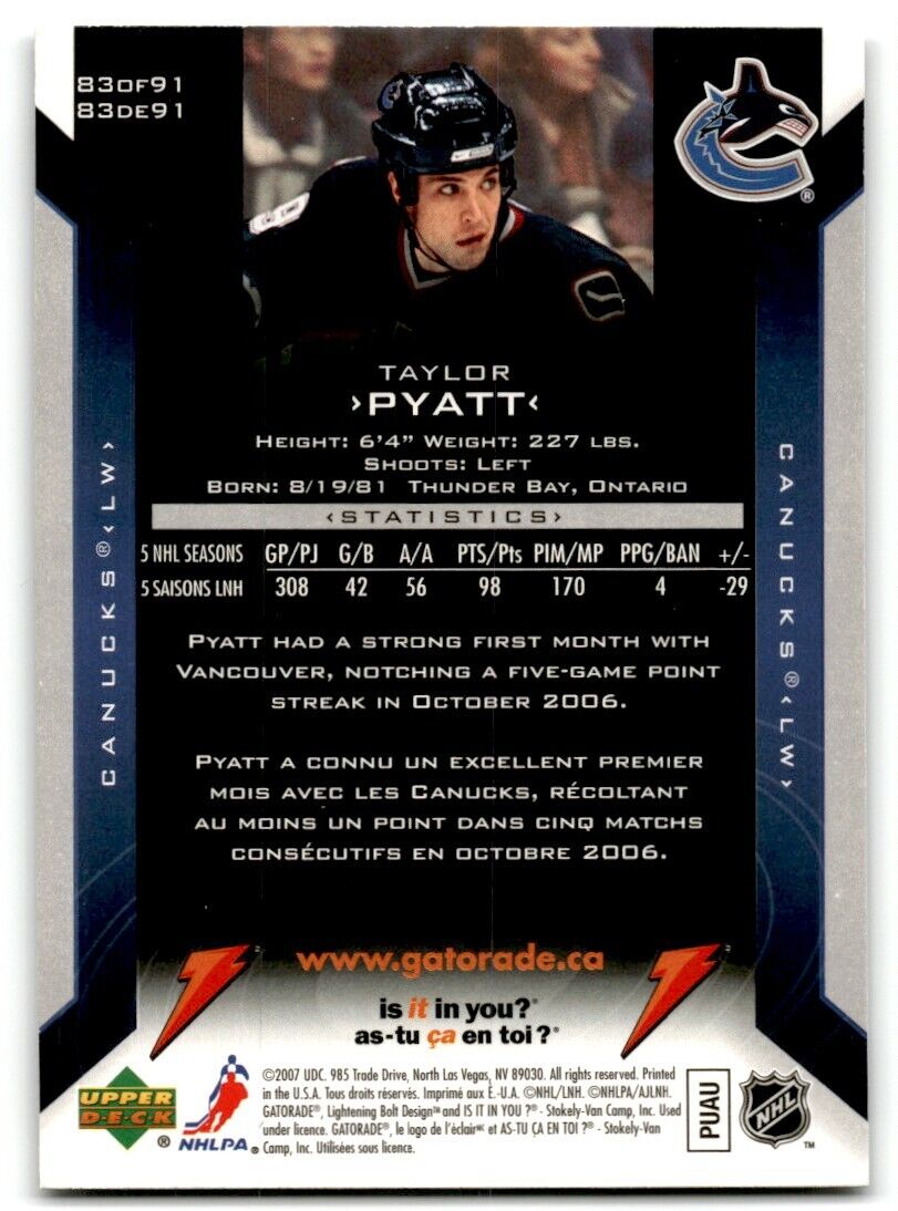 2006-07 Upper Deck Gatorade Taylor Pyatt Tampa Bay Lightning #83