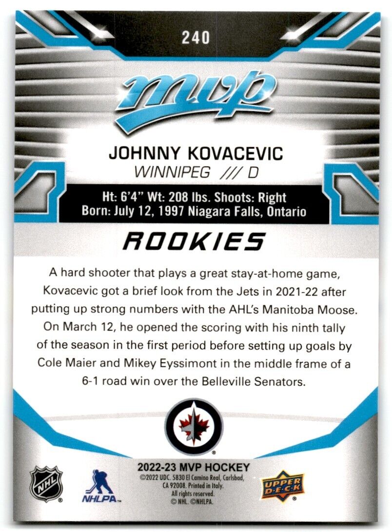 2022-23 Upper Deck MVP Johnny Kovacevic Rookie Winnipeg Jets #240