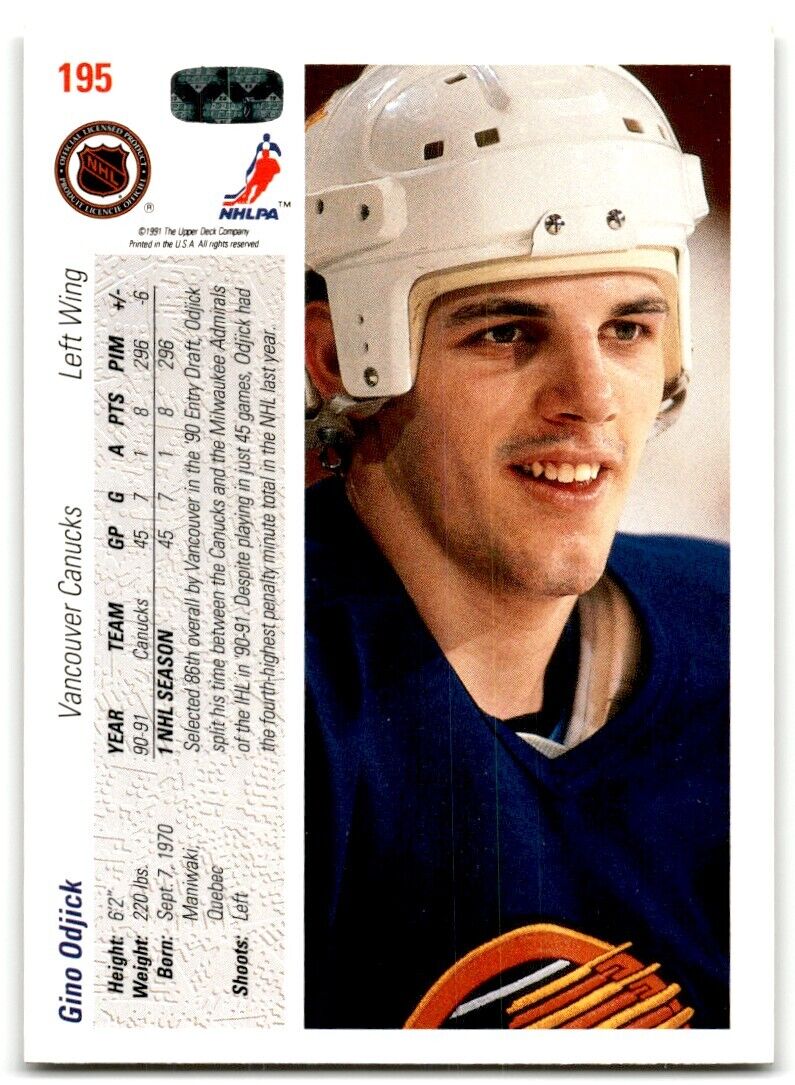 1991-92 Upper Deck Gino Odjick Vancouver Canucks #195