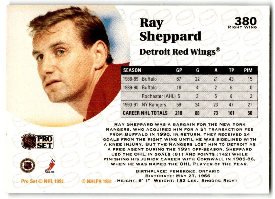 1991-92 Pro Set Ray Sheppard Detroit Red Wings #380