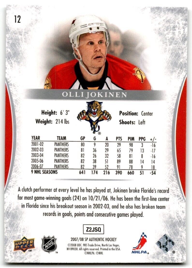 2007-08 SP Authentic Olli Jokinen Florida Panthers #12