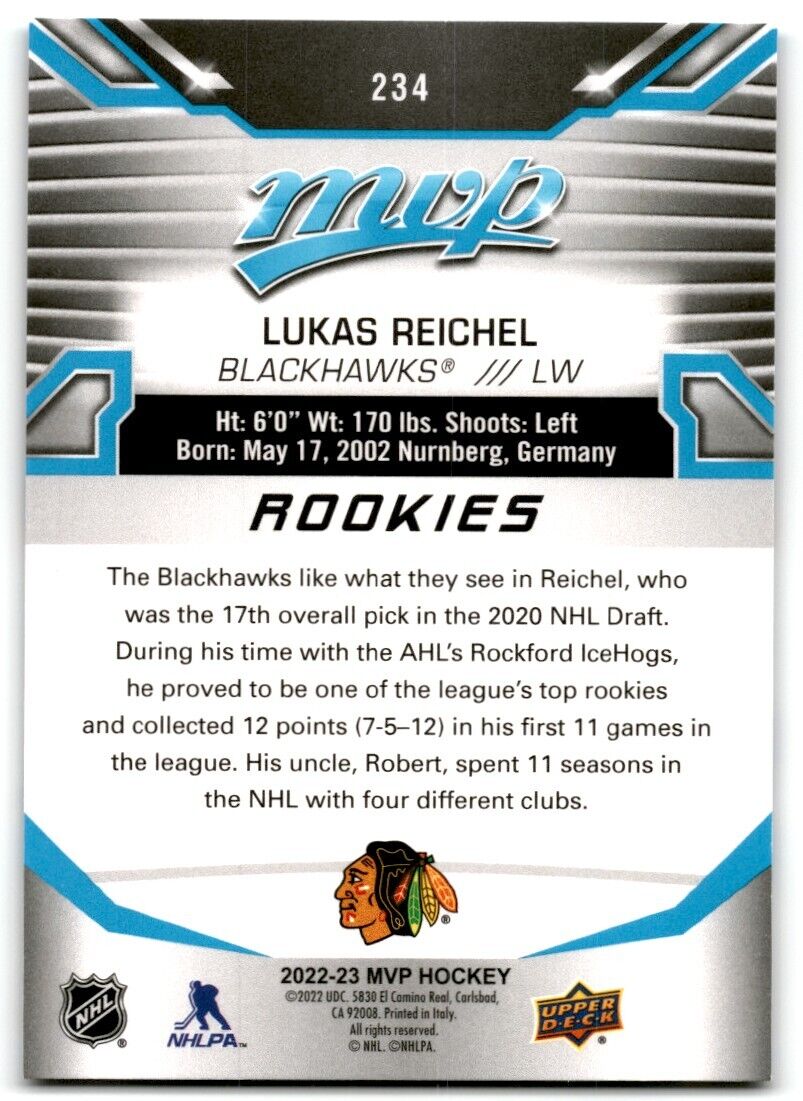 2022-23 Upper Deck MVP Lukas Reichel Rookie Chicago Blackhawks #234