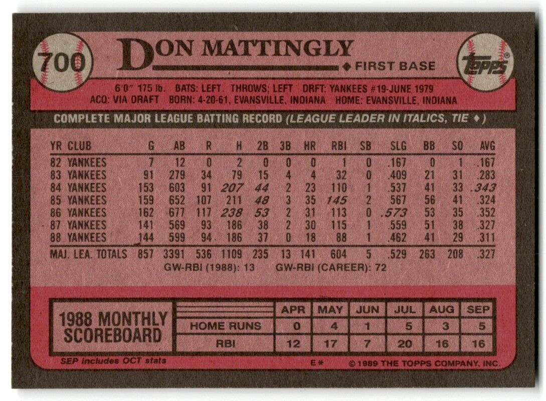 1989 Topps Don Mattingly New York Yankees #700