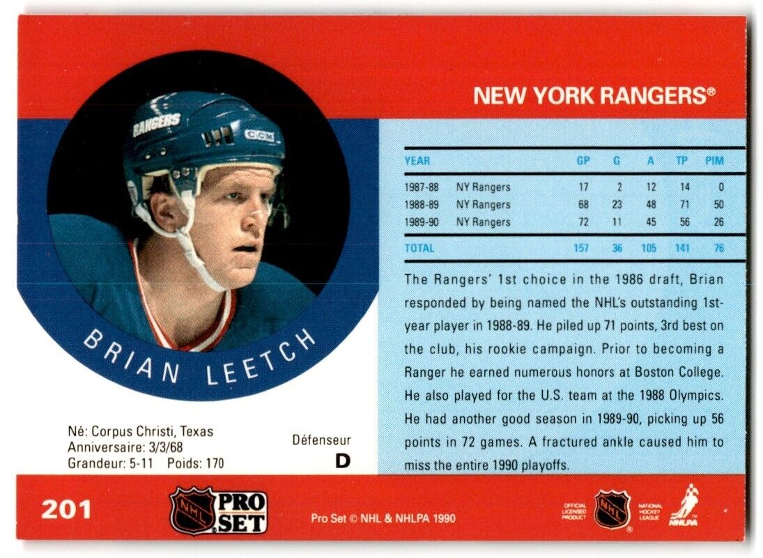 1990-91 Pro Set Brian Leetch New York Rangers #201