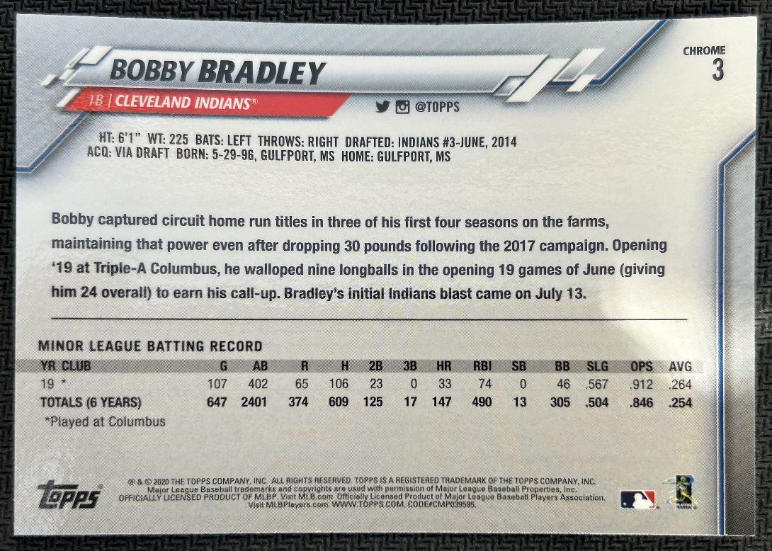 2020 Topps Chrome Bobby Bradley Rookie Cleveland Indians #3