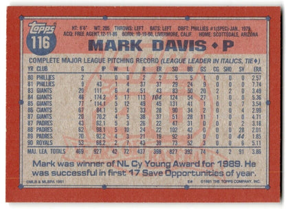 1991 Topps Mark Davis Kansas City Royals #116