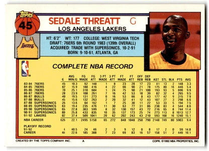 1992-93 Topps Sedale Threatt Los Angeles Lakers #45