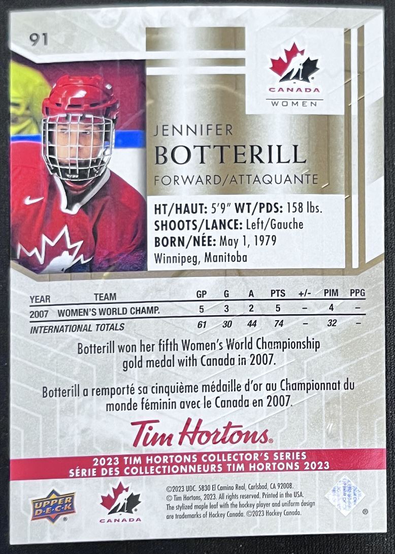 2023-24 Upper Deck Tim Hortons Legends Tim Horton Jennifer Botterill Team Canada