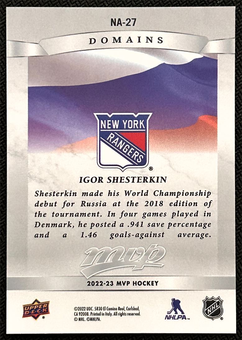 2022-23 Upper Deck MVP Domains Igor Shesterkin New York Rangers #NA-27