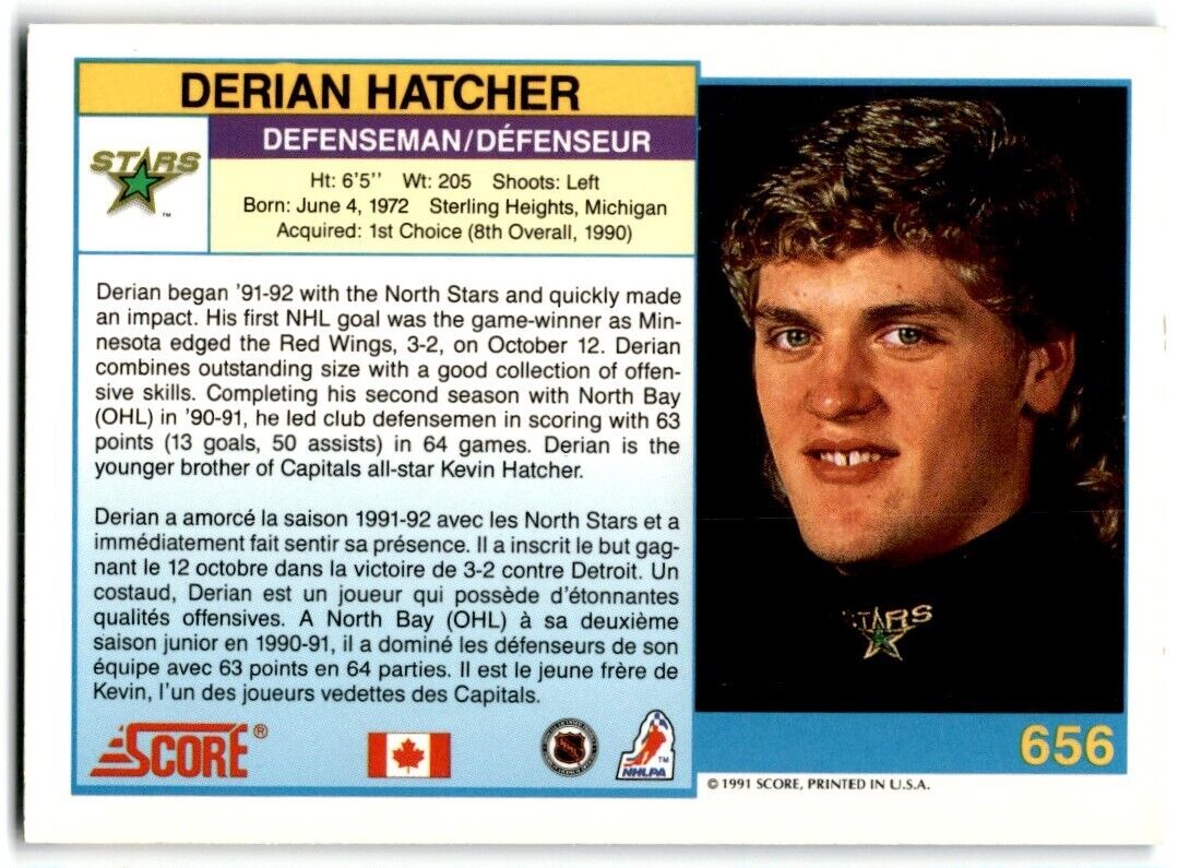 1991-92 Score Canadian Bilingual Derian Hatcher Minnesota North Stars #656