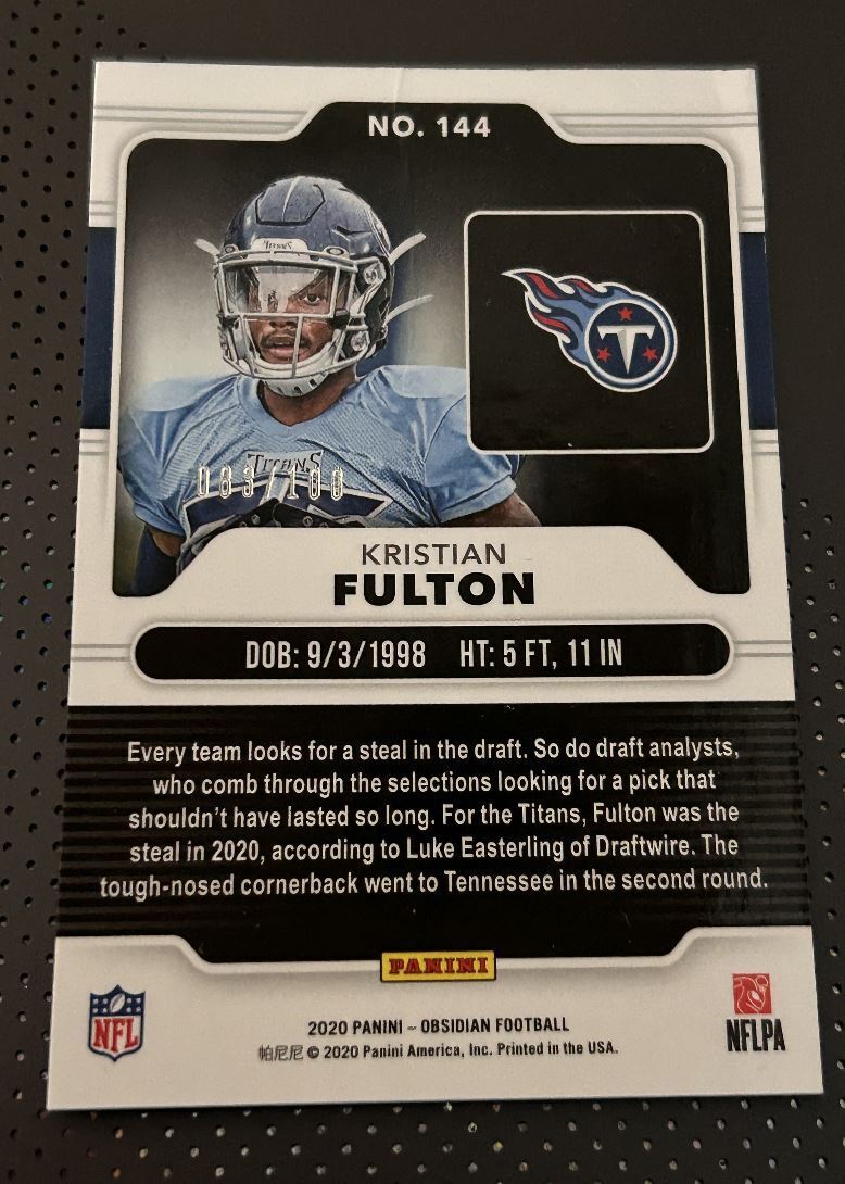 2020 Panini Obsidian Kristian Fulton Rookie Tennessee Titans #174