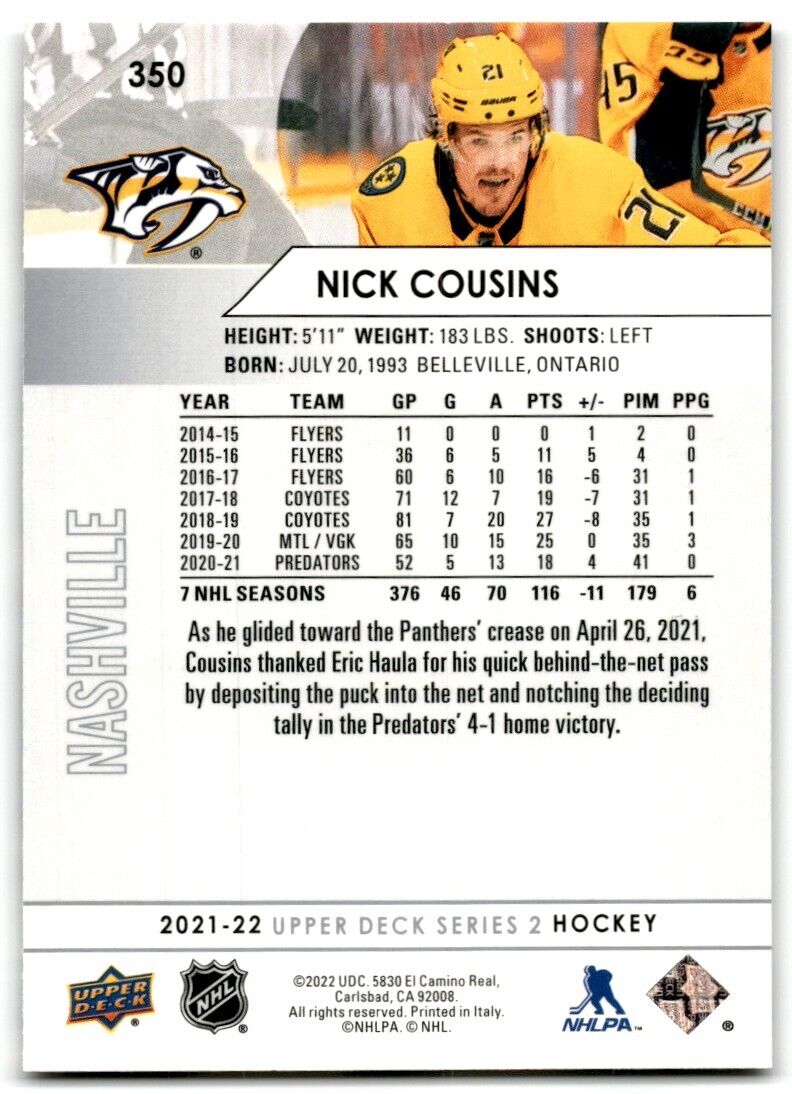 2021-22 Upper Deck Nick Cousins Nashville Predators #350