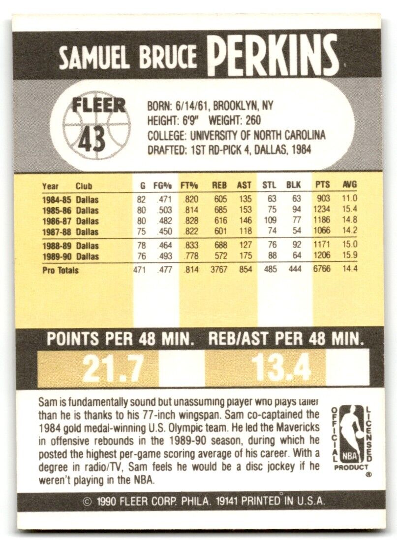 1990-91 Fleer Sam Perkins Dallas Mavericks #43