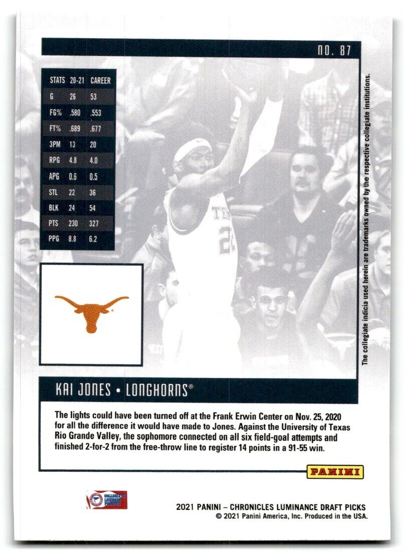 2021-22 Panini Chronicles Luminance Draft Picks Kai Jones Texas Longhorns #87