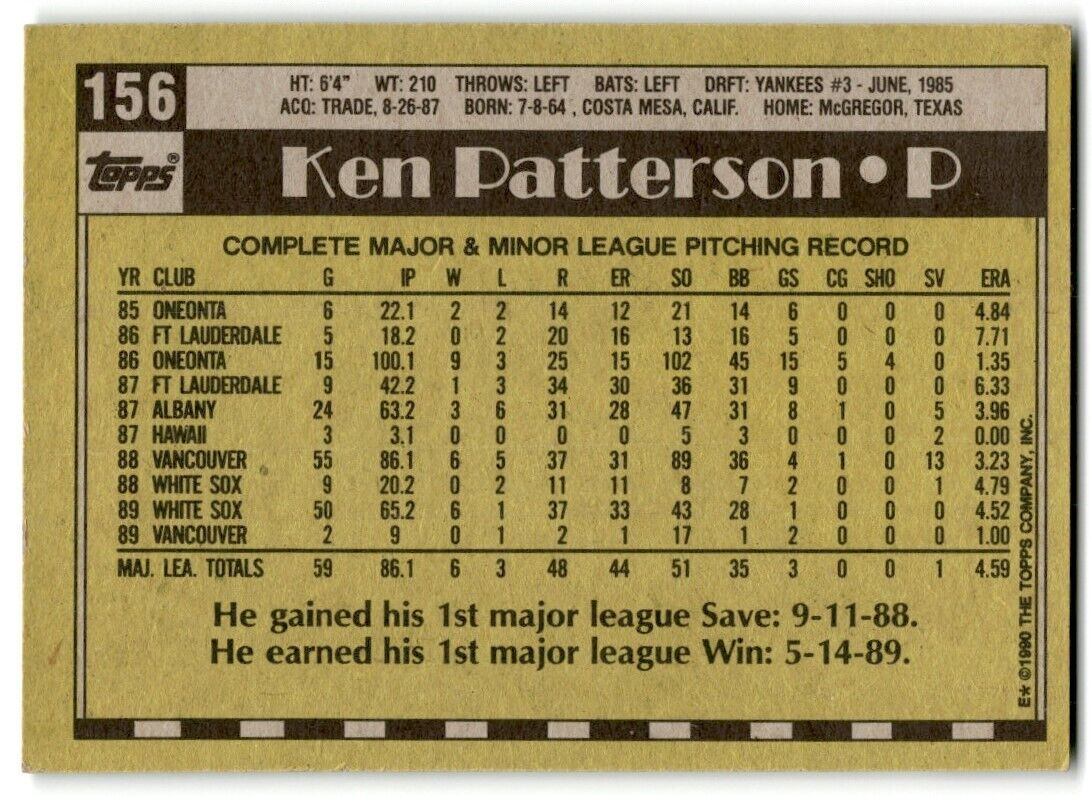 1990 Topps Ken Patterson Chicago White Sox #156