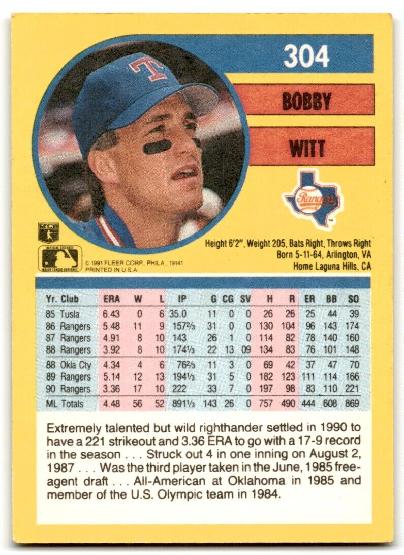 1991 Fleer Bobby Witt Texas Rangers #304