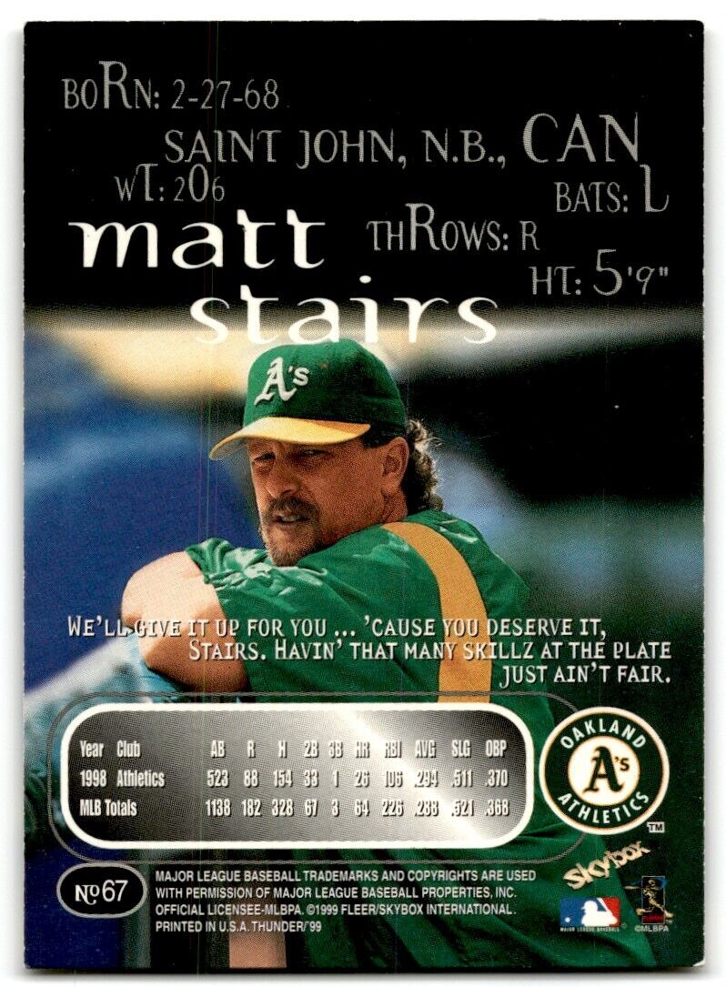 1999 SkyBox Thunder Rant Matt Stairs Oakland Athletics #67