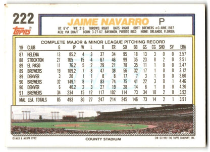 1992 Topps Jaime Navarro Milwaukee Brewers #222