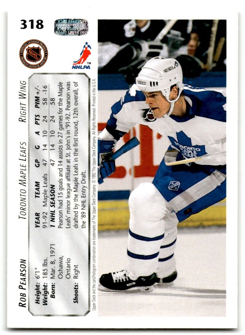 1992-93 Upper Deck Rob Pearson Toronto Maple Leafs #318