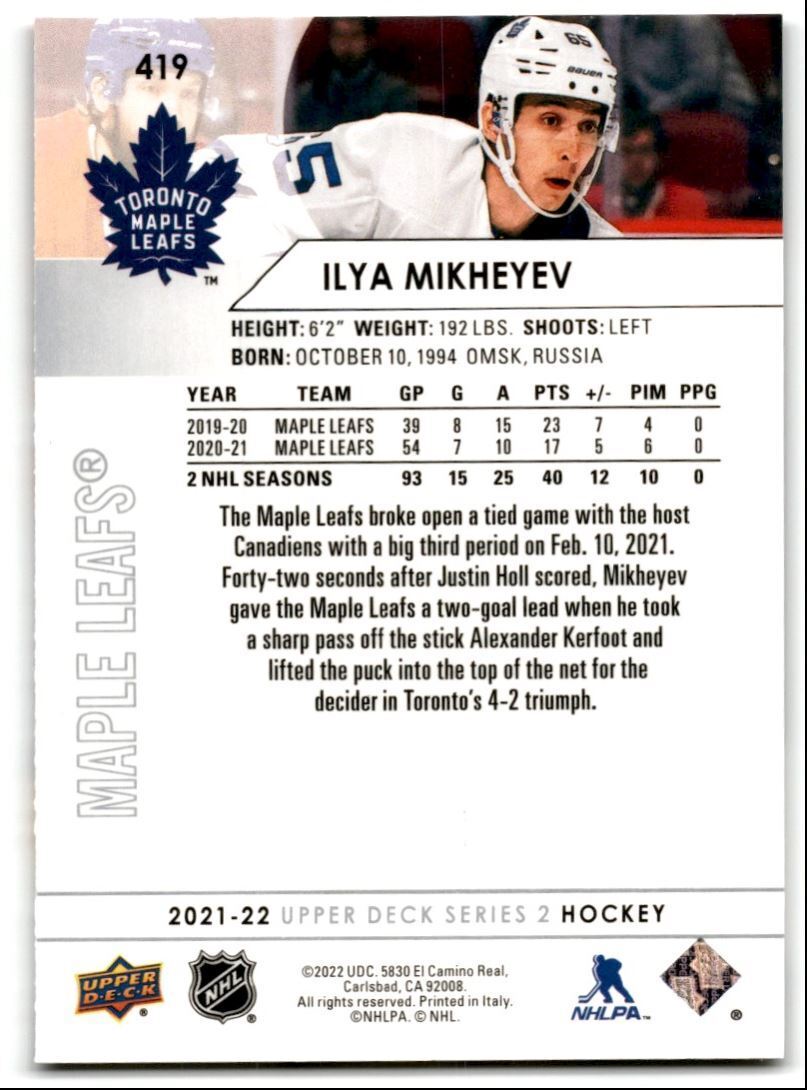 2021-22 Upper Deck Ilya Mikheyev Toronto Maple Leafs #419