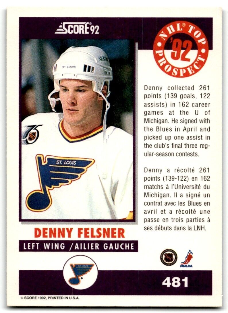 1992-93 Score Canadian Denny Felsner Rookie St. Louis Blues #481