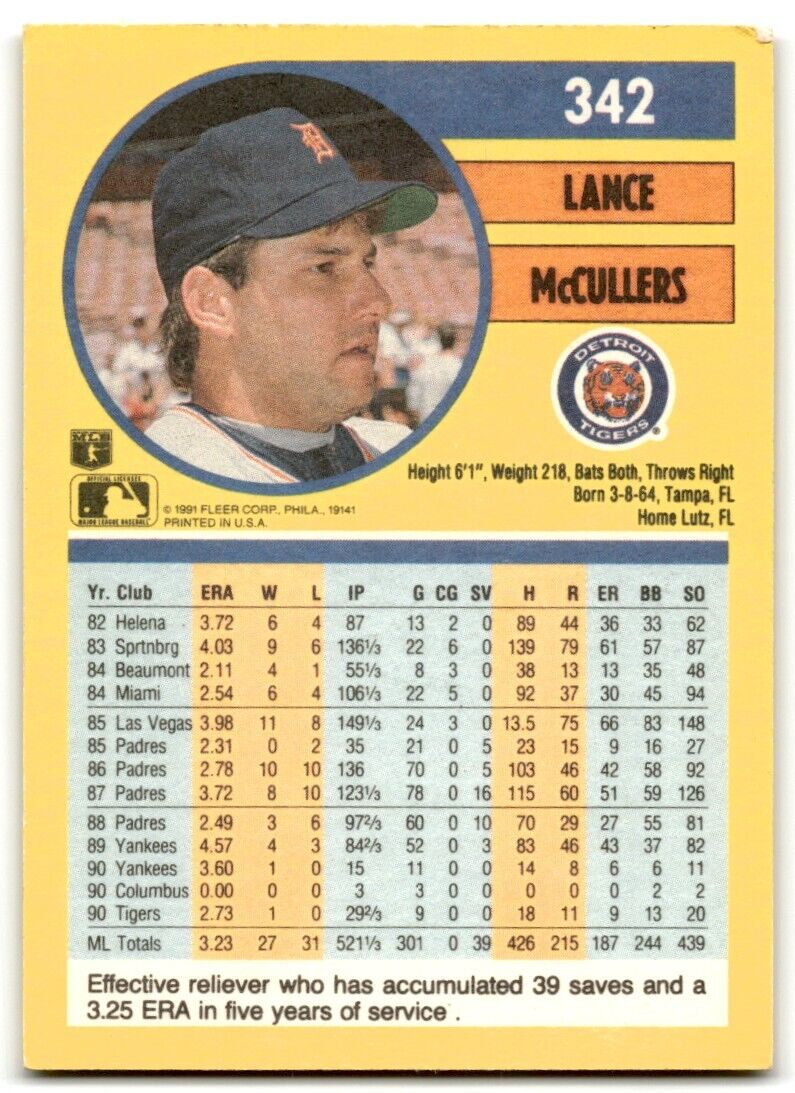 1991 Fleer Lance McCullers Detroit Tigers #342