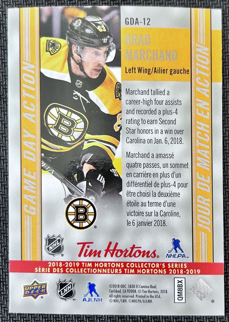 2018-19 Upper Deck Tim Hortons Game Day Action Brad Marchand Boston Bruins