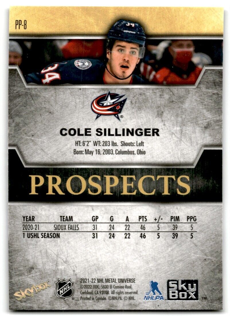 2021-22 Skybox Metal Universe Premium Prospects Cole Sillinger Rookie Columbus