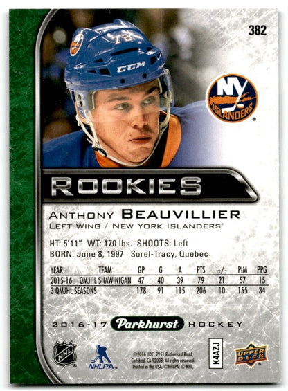 2016-17 Parkhurst Anthony Beauvillier Rookie New York Islanders #382