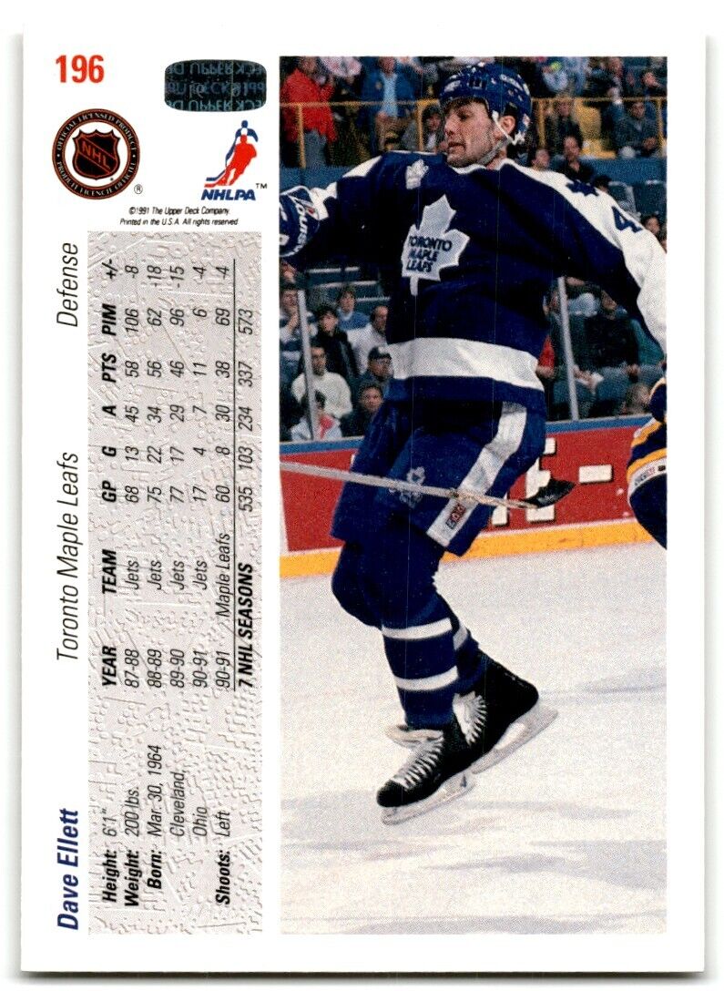 1991-92 Upper Deck Dave Ellett Toronto Maple Leafs #196