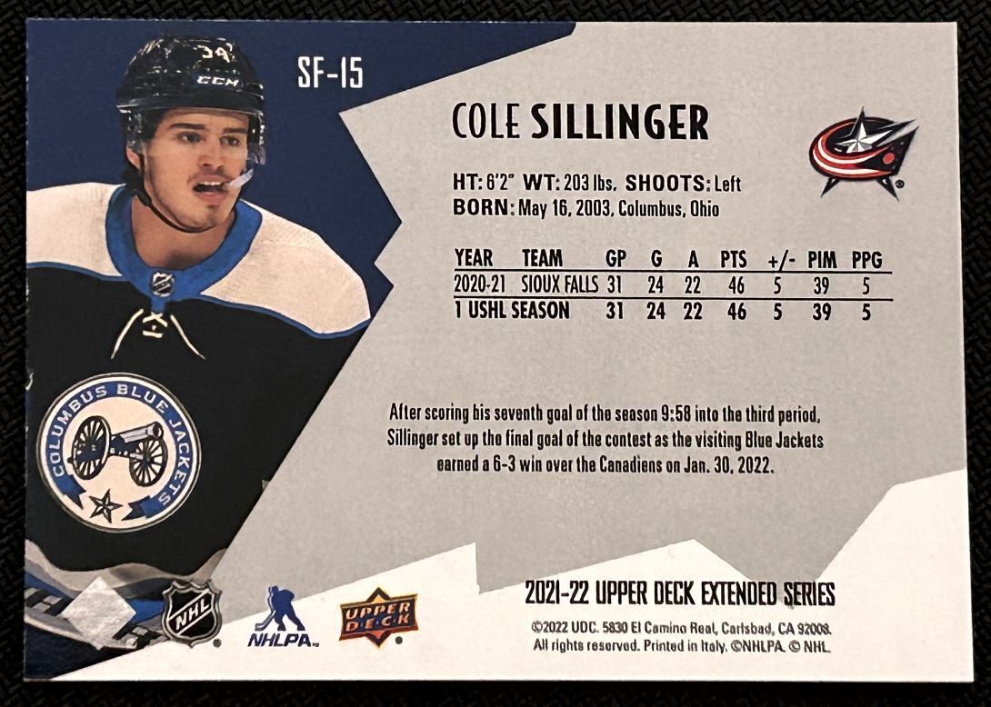 2021-22 Upper Deck SPx Finite Cole Sillinger Rookie 2079/2999 Columbus Blue