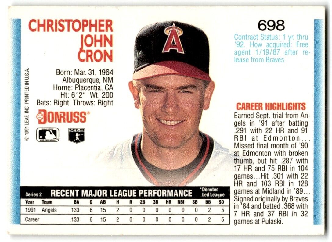 1992 Donruss Chris Cron Rookie California Angels #698