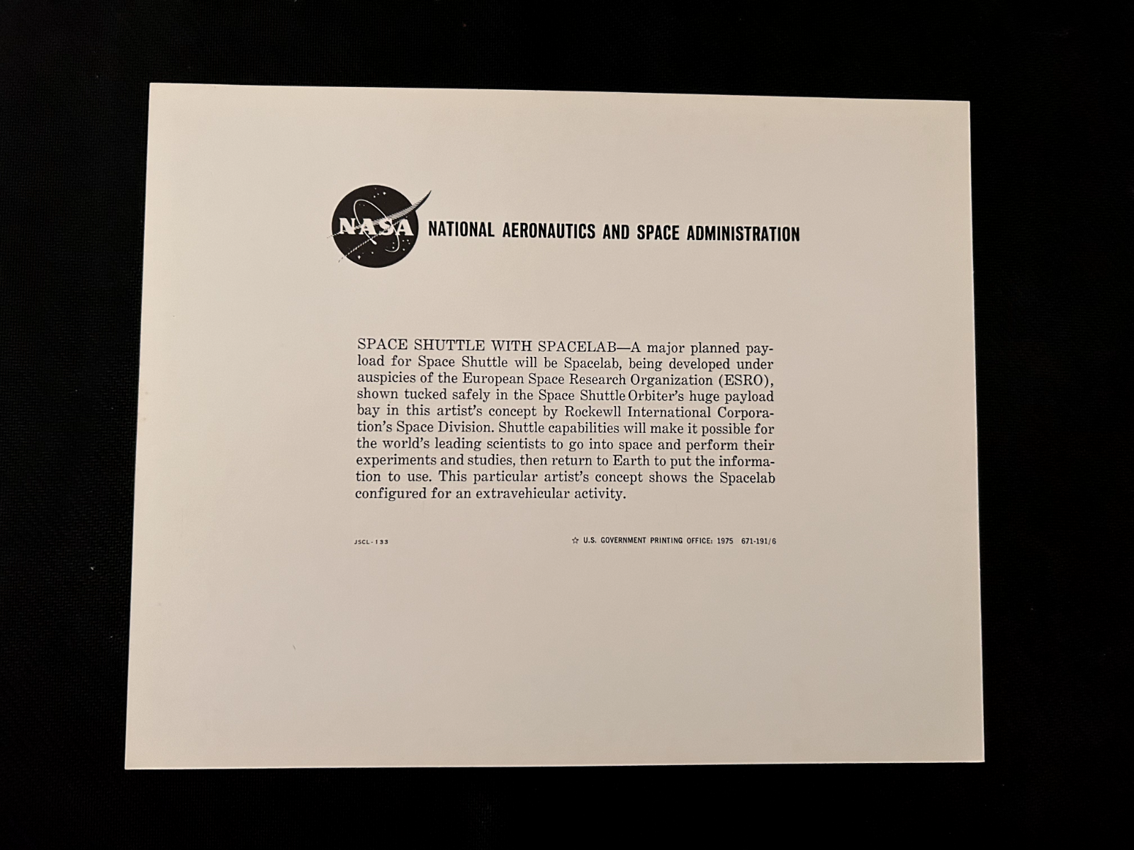 NASA Space Shuttle Orbiter carrying spacelab concept artist litho 8X10