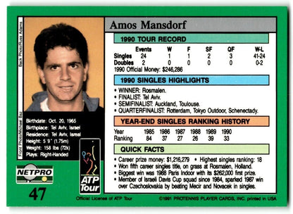 1991 Protennis player Cards Netpro Tour Star Amos Mansdorf #47