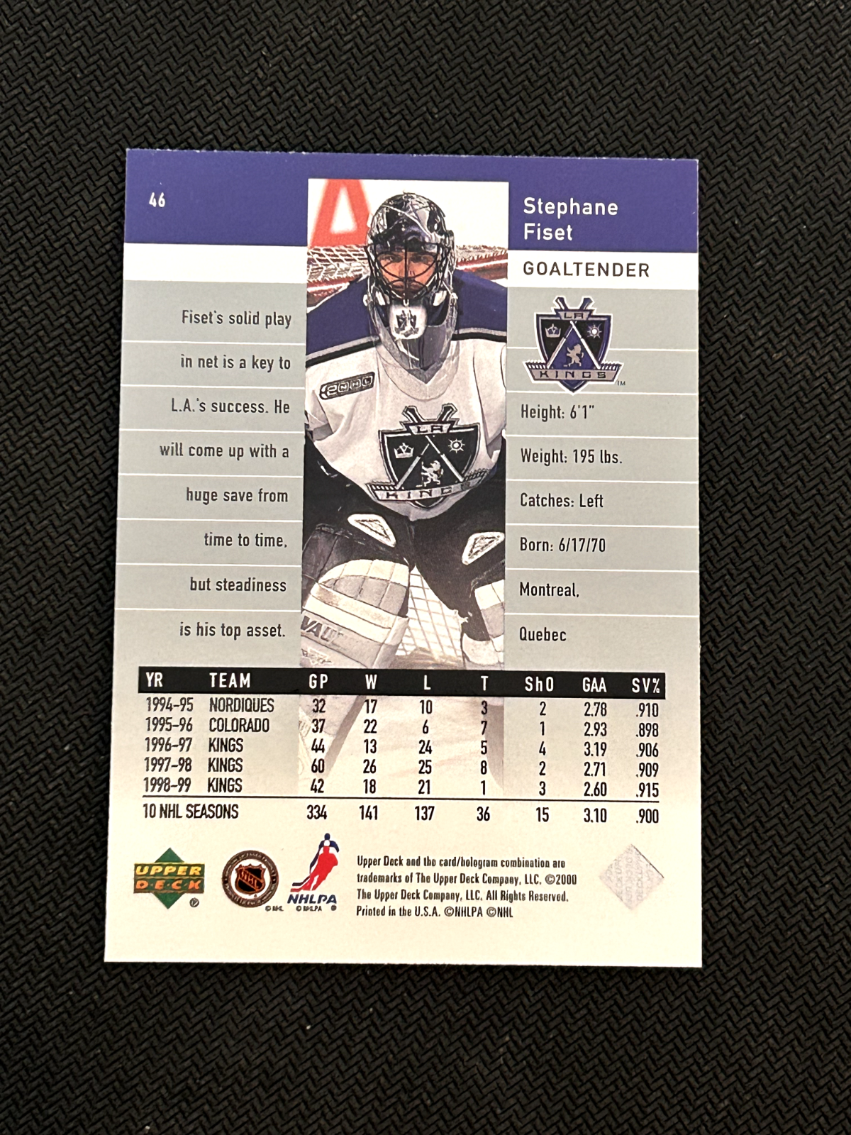 1999-00 Upper Deck Black Diamond Cut #46 Stephane Fiset Los Angeles Kings