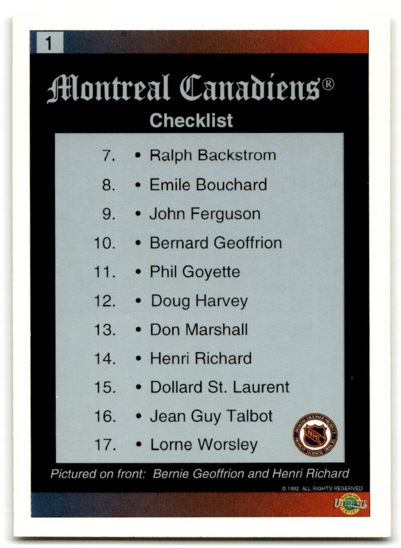 1991-92 Ultimate Original 6 Montreal Canadiens Montreal Canadiens #1