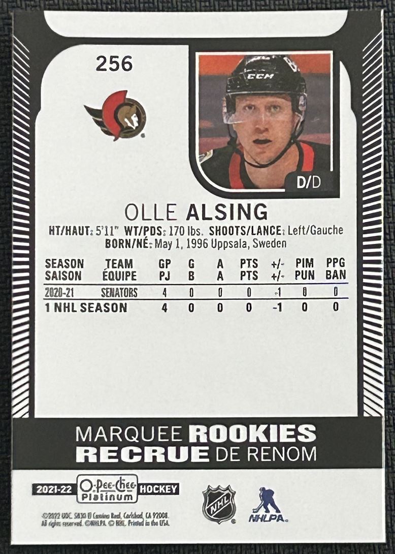 2021-22 O-Pee-Chee Platinum Marquee Rookies Olle Alsing Rookie Ottawa Senators