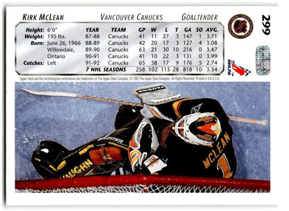 1992-93 Upper Deck Kirk McLean Vancouver Canucks #299