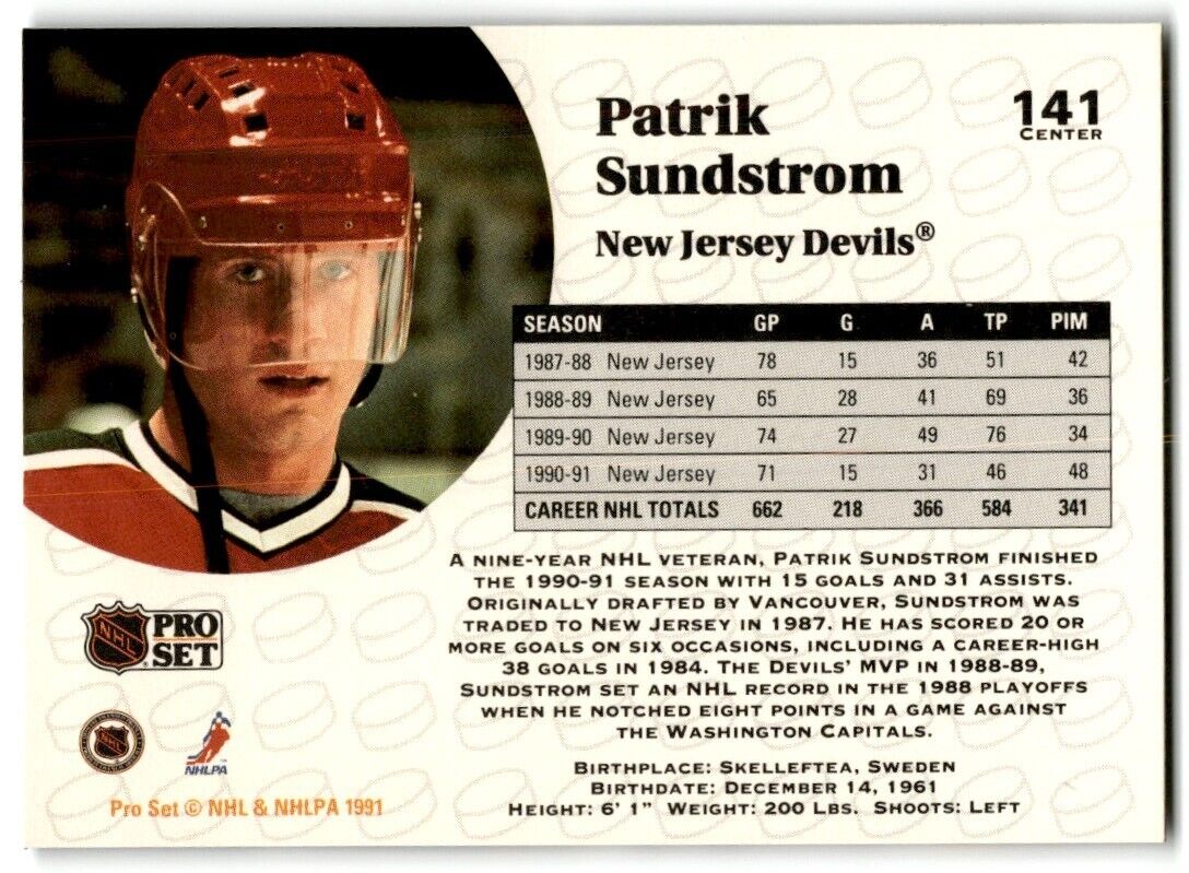 1991-92 Pro Set Patrik Sundstrom New Jersey Devils #141