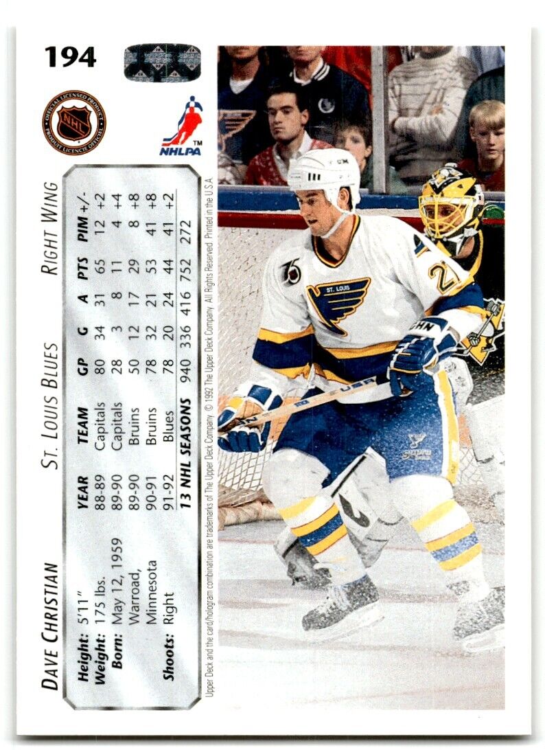 1992-93 Upper Deck Dave Christian St. Louis Blues #194